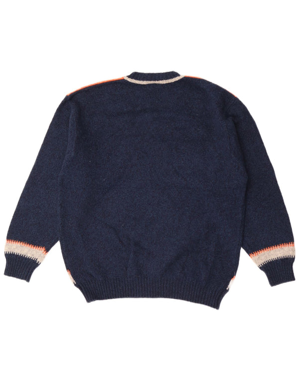 Maglione maglione girocollo da uomo vintage grande in lana color block blu navy