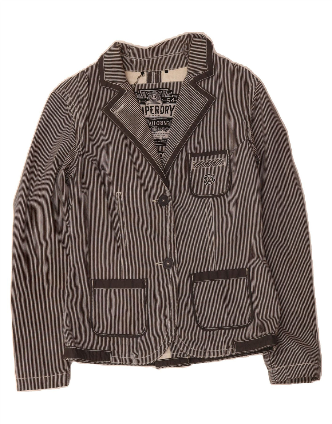 SUPERDRY Womens 2 Button Blazer Jacket UK 12 Medium Grey Striped Cotton Vintage Superdry and Second-Hand Superdry from Messina Hembry 