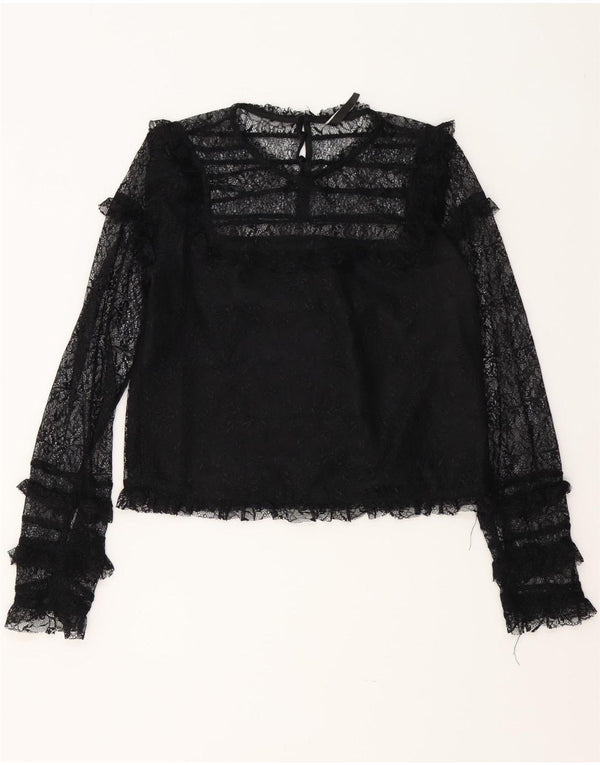 Zara Trafaluc Crop Manica Lunga Camicetta da Donna Top UK 12 Medio Nero Floreale