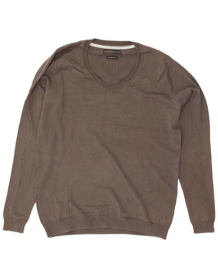 Maglione Zara da uomo con scollo a V grande in cotone grigio