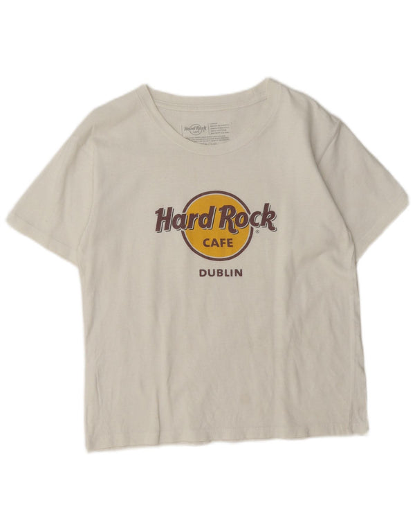 T-shirt grafica da donna Hard Rock Cafe Dublino Top UK 14 grande cotone bianco