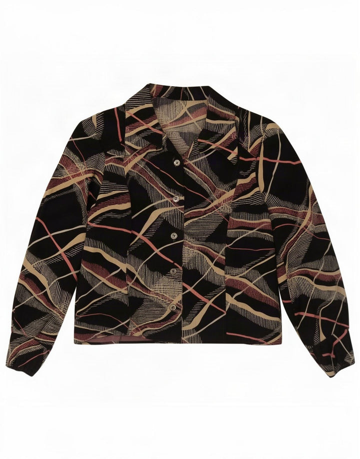 Camicetta camicia vintage da donna con motivo astratto UK 14 media nera