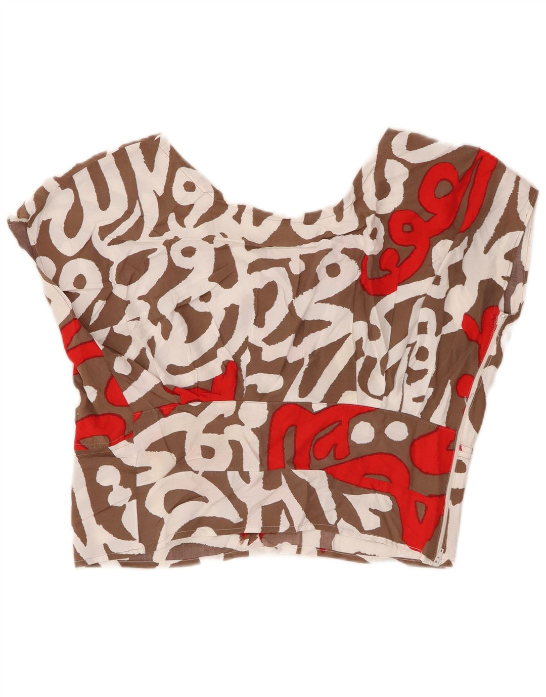 Top corto da donna vintage in camicetta UK 16 grande marrone geometrico