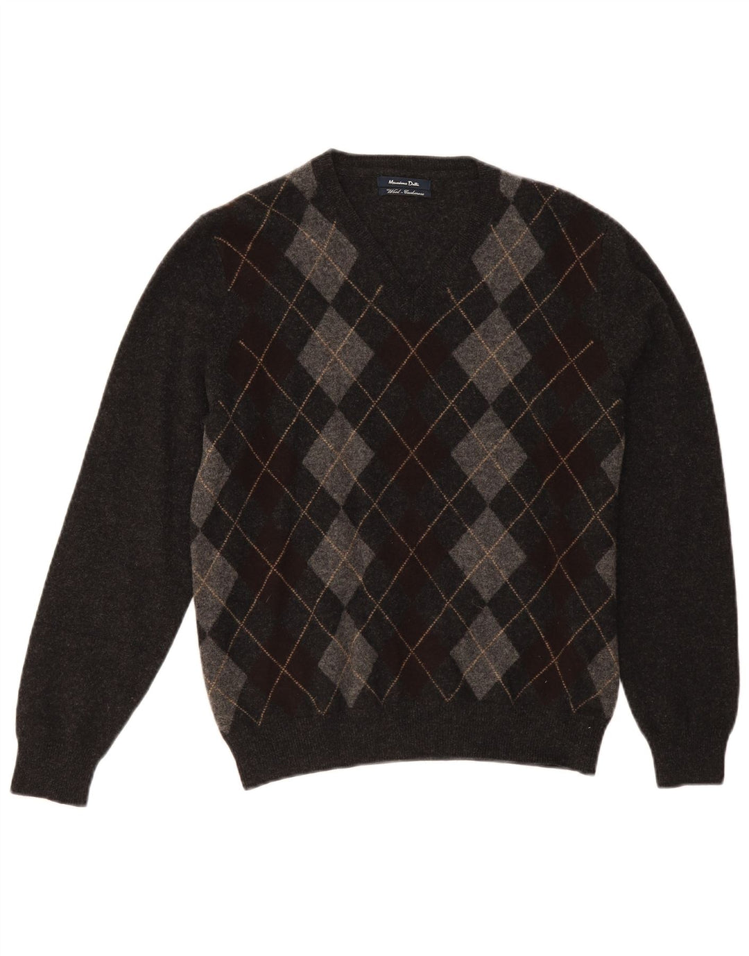 Massimo Dutti Maglione da uomo con scollo a V, grigio medio, lana a rombi/diamante