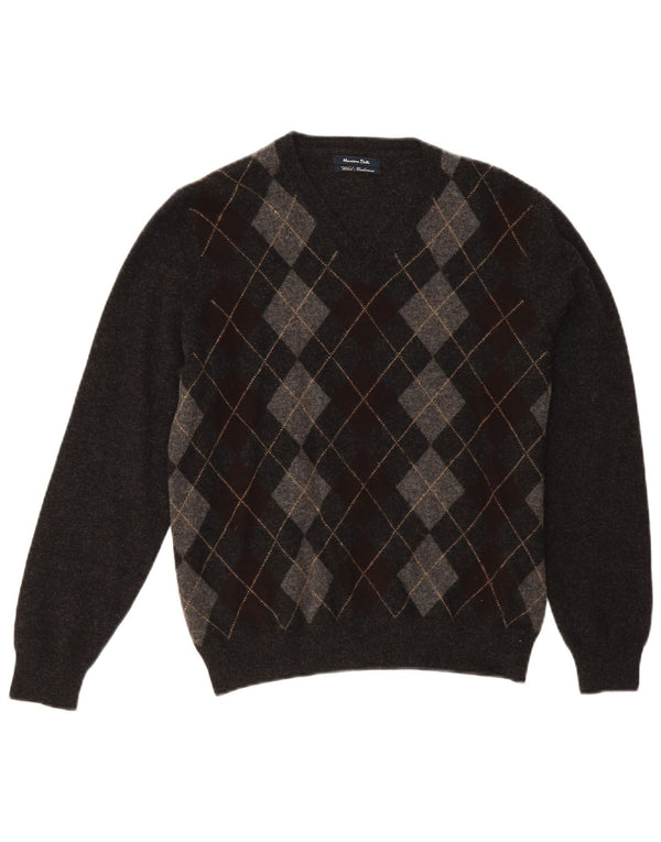 Massimo Dutti Maglione da uomo con scollo a V, grigio medio, lana a rombi/diamante