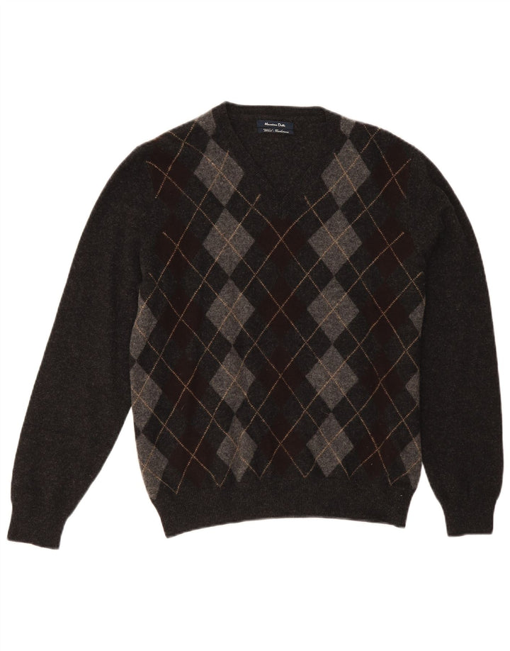 Massimo Dutti Maglione da uomo con scollo a V, grigio medio, lana a rombi/diamante