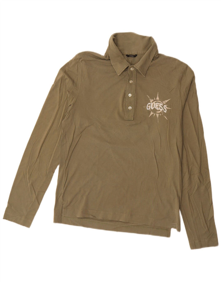 Polo Guess da uomo a maniche lunghe con grafica, cotone kaki medio