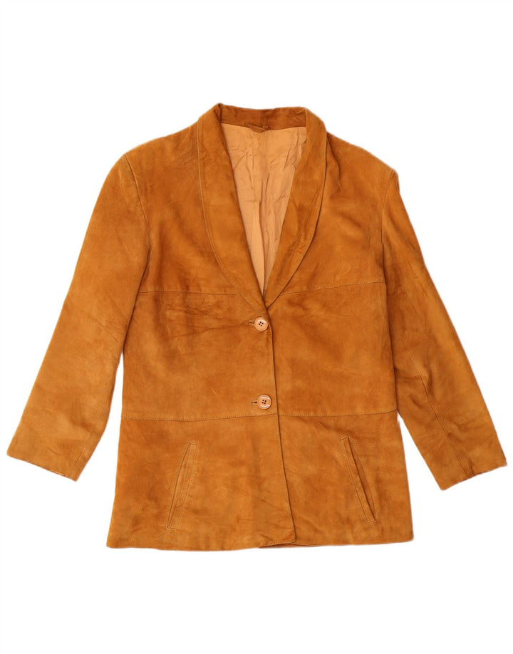 Giacca blazer vintage da donna in pelle scamosciata a 2 bottoni UK 8 piccola beige