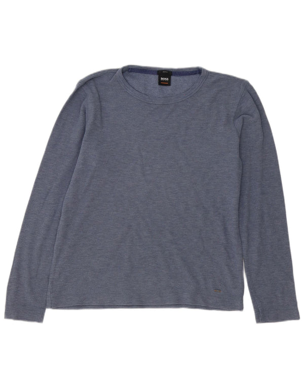Hugo Boss Top da uomo a maniche lunghe in cotone screziato blu navy medio
