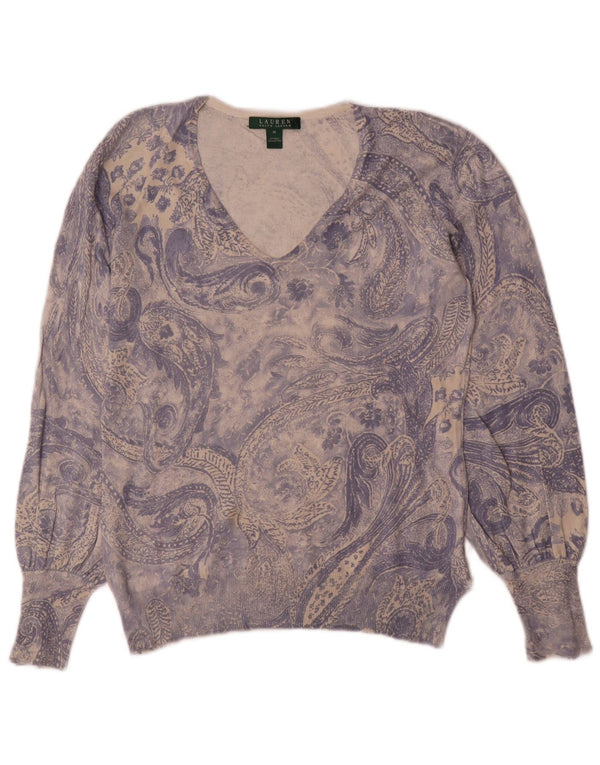 Maglione maglione con scollo a V da donna Ralph Lauren UK 12 Seta Paisley blu medio