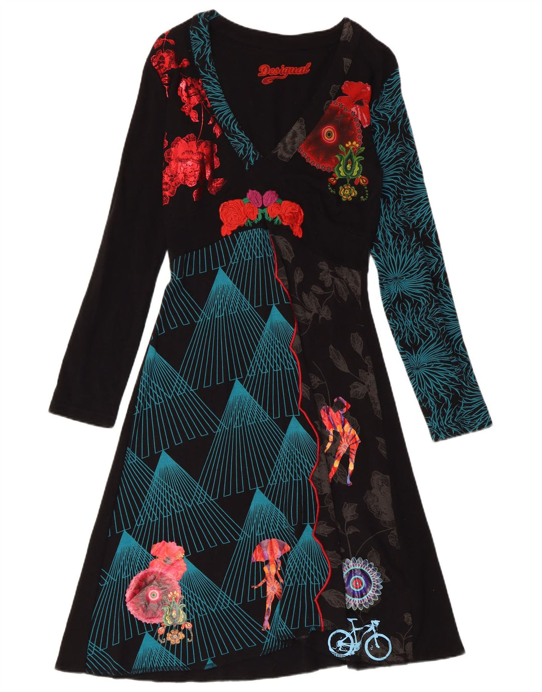 DESIGUAL Abito da donna a maniche lunghe con grafica grafica A-Line UK 18 XL Nero floreale