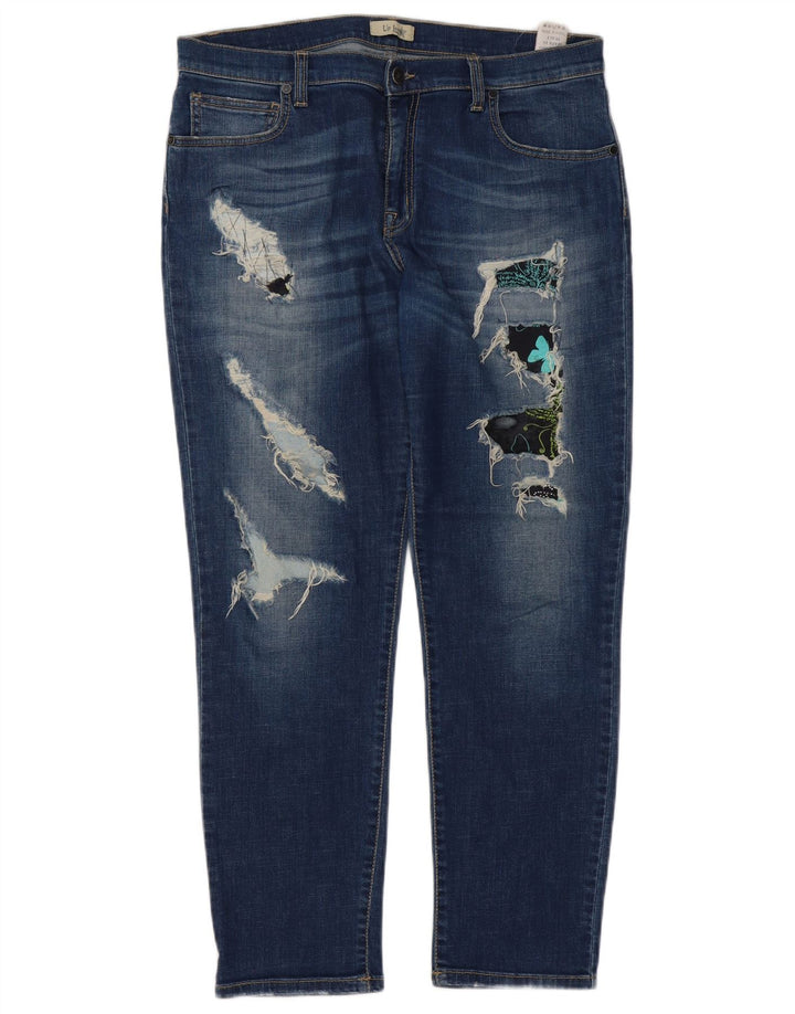 Jeans slim vintage invecchiati da donna W31 L28 in cotone blu