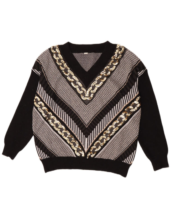 Maglione maglione vintage da donna con scollo a V UK 14 Grande poliestere a righe nere