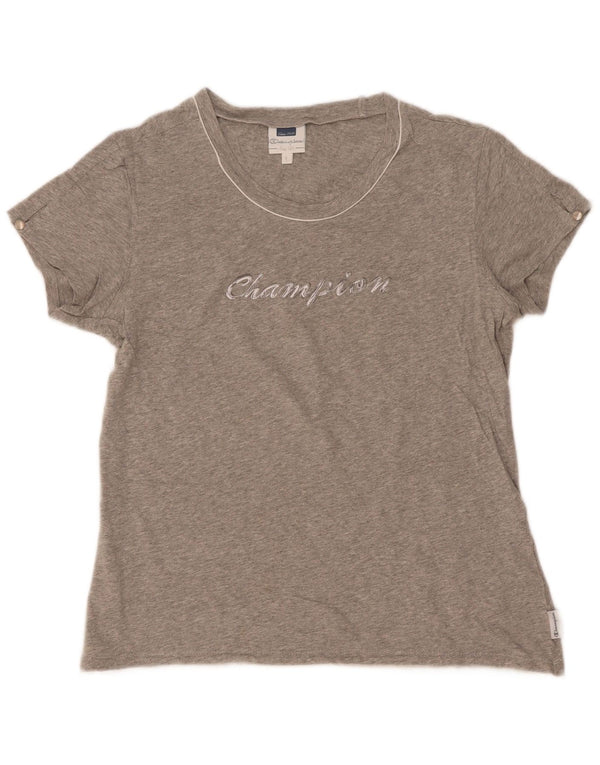 T-shirt grafica Champion da donna Easy Fit, taglia UK 14, grande, grigia chiazzata