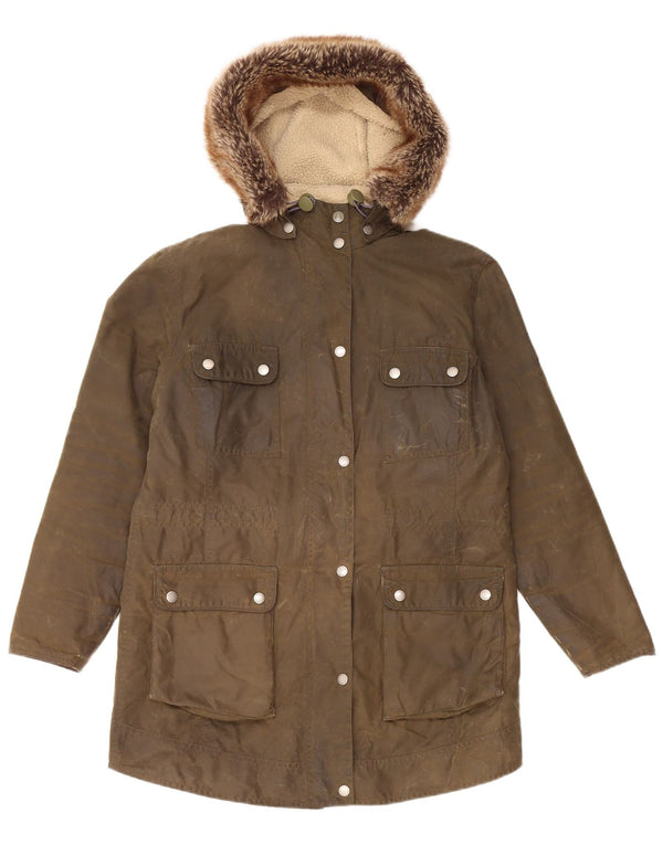 Giacca da donna in cotone cerato con cappuccio Barbour UK 12 cotone kaki medio