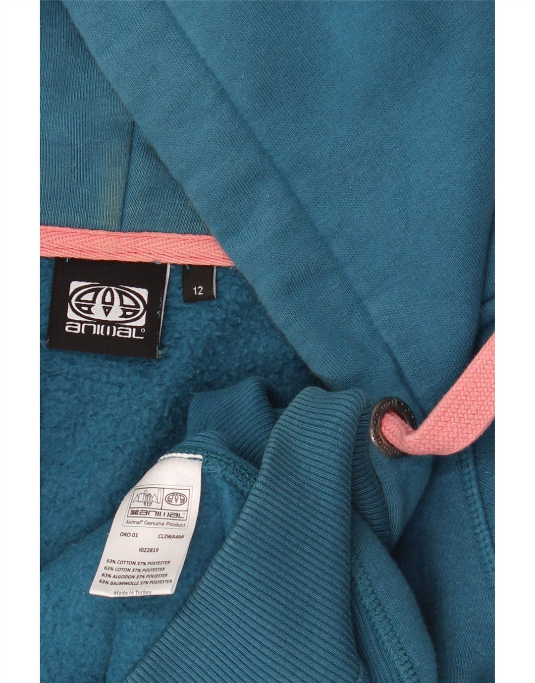 ANIMAL Maglione con cappuccio e zip grafica da donna UK 12 Cotone blu medio