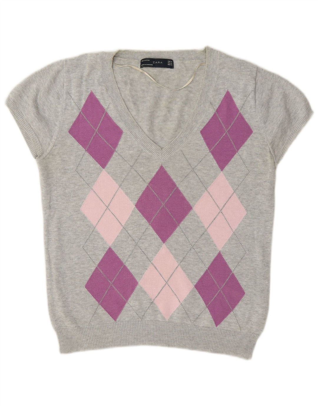 Maglione Zara da donna con scollo a V UK 12 Grigio medio Argyle/Diamante