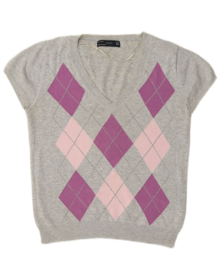 Maglione Zara da donna con scollo a V UK 12 Grigio medio Argyle/Diamante