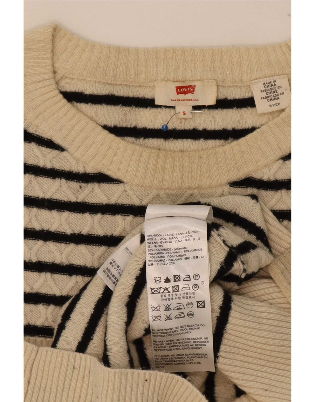 Levi's Donna Maglione con scollo a barca Maglione UK 10 Piccolo Lana a righe beige