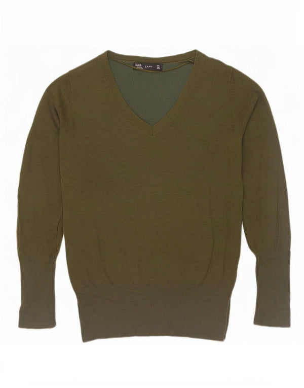 Maglione da donna con scollo a V Zara UK 14 grande rayon kaki