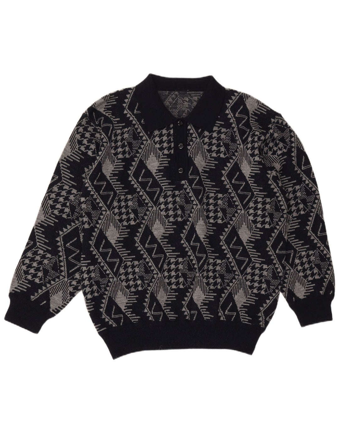 Maglione vintage da uomo con collo polo XL blu navy geometrico