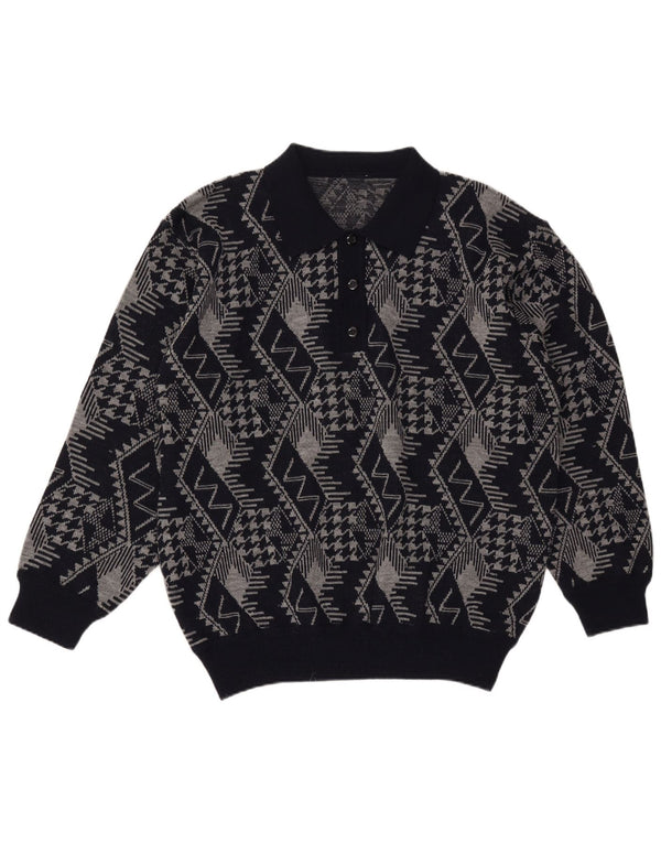 Maglione vintage da uomo con collo polo XL blu navy geometrico