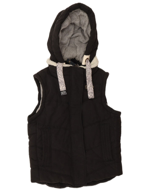 Superdry Womens Hooded Padded Gilet UK 16 Large Black Cotton Winter