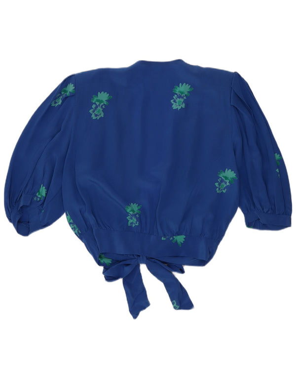 Top cardigan corto da donna vintage UK 14 blu medio floreale