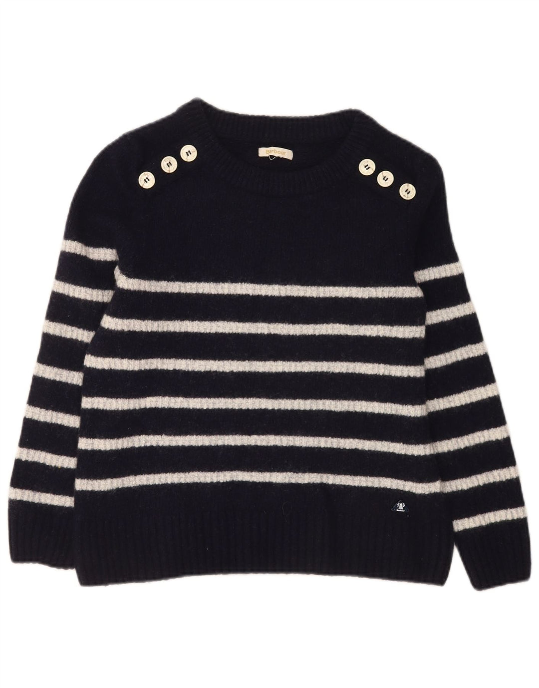 Maglione maglione con scollo a barca da donna Barbour UK 14 Lana a righe blu navy medio