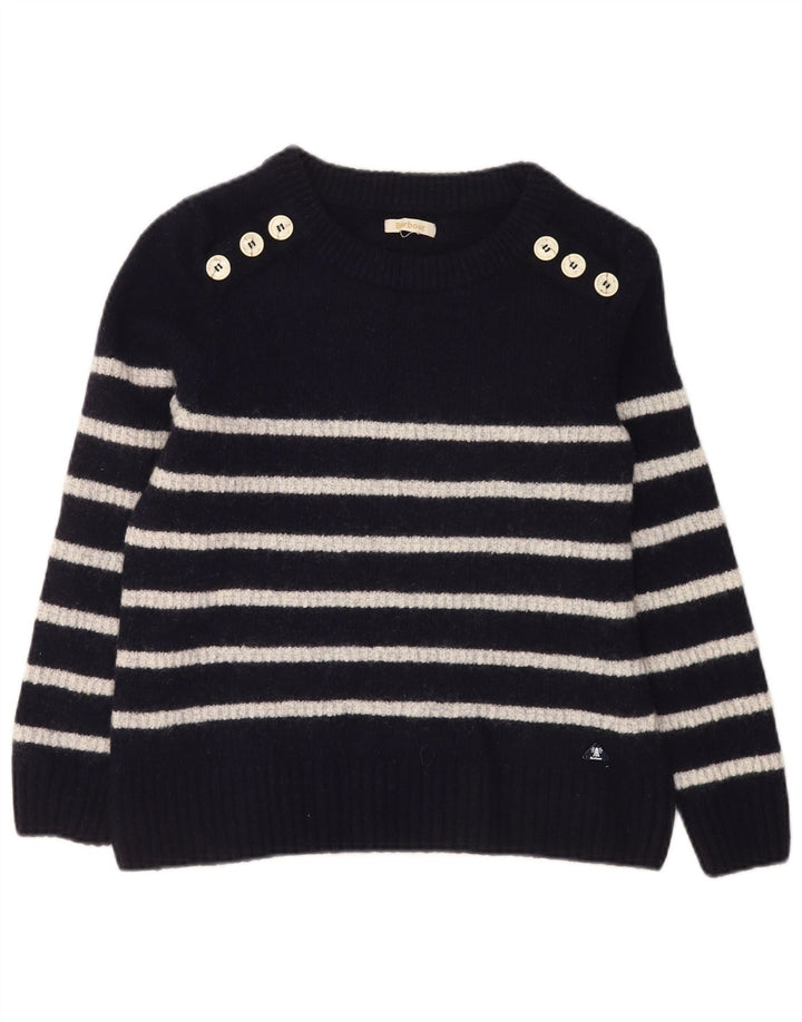 Maglione maglione con scollo a barca da donna Barbour UK 14 Lana a righe blu navy medio