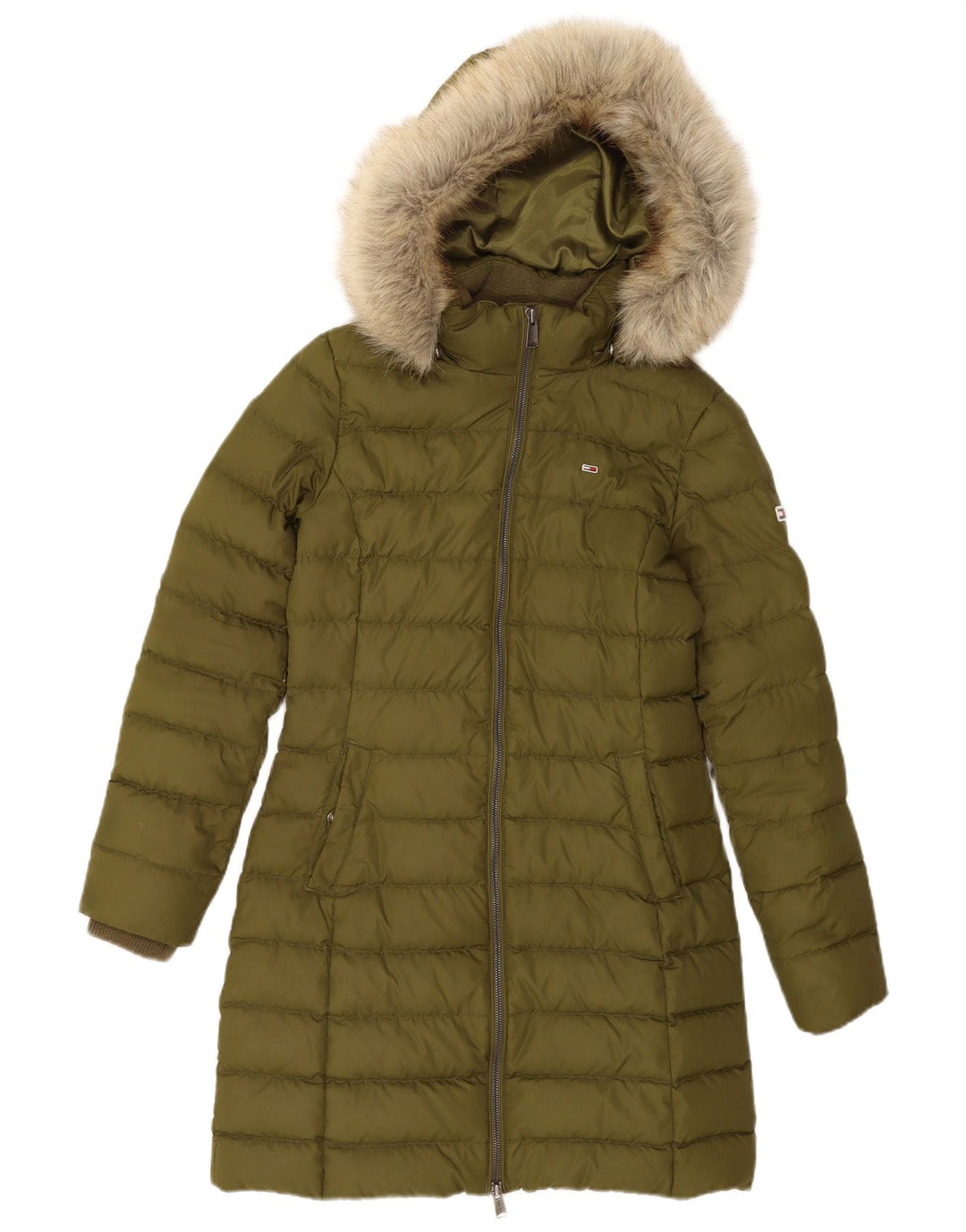 Cappotto imbottito con cappuccio da donna Tommy Hilfiger UK 10 piccolo poliestere verde