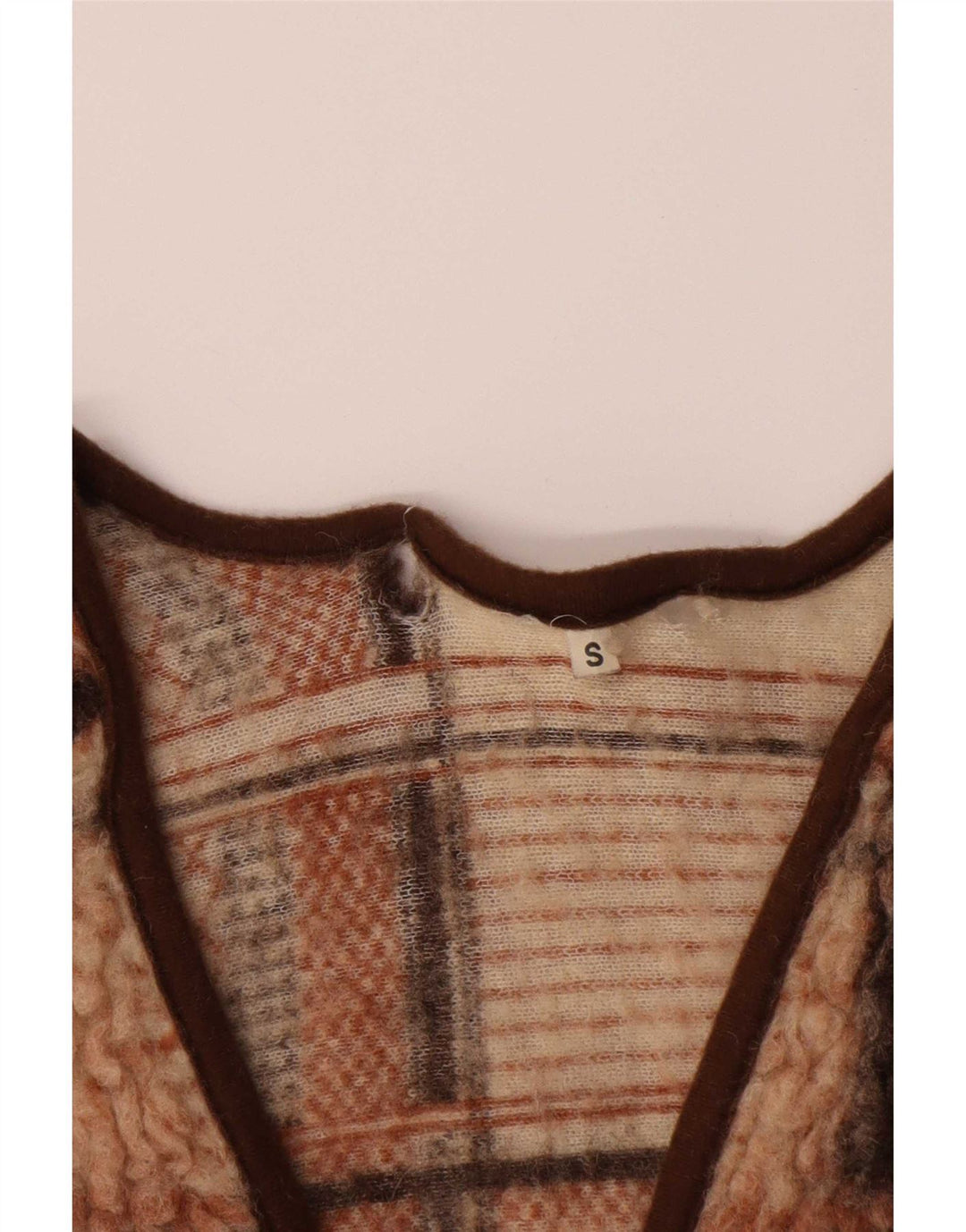 Gilet in pile da donna vintage UK 10 piccolo quadretto marrone