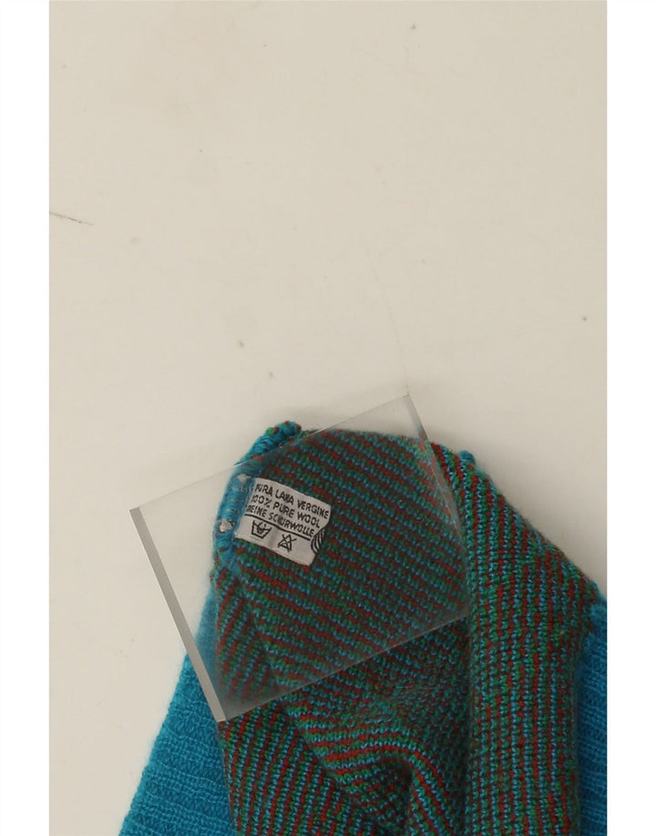 Maglione vintage da uomo con scollo a V, grande lana geometrica blu