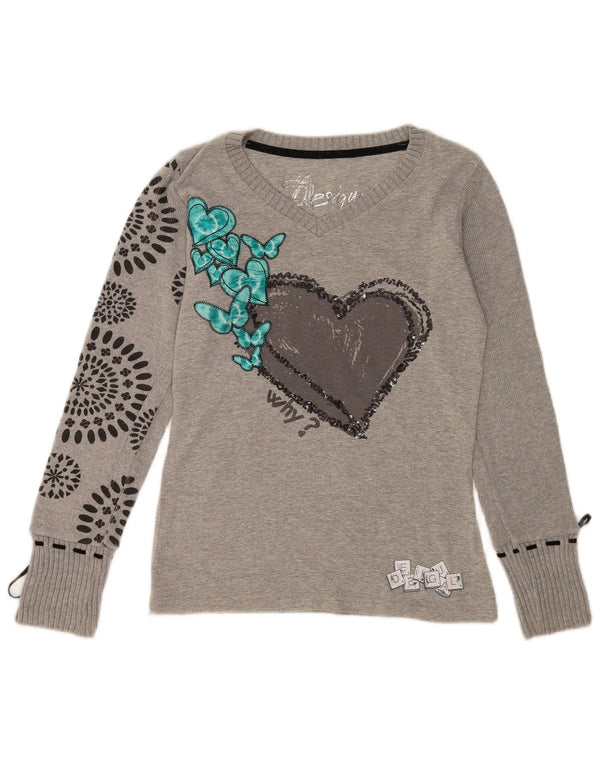Desigual Donna Graphic Top Manica Lunga UK 14 Medio Grigio Cuore
