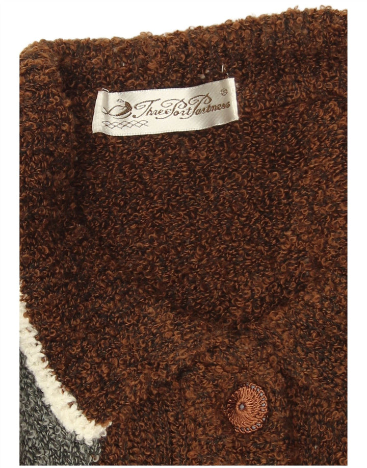 Maglione cardigan da donna vintage UK 16 grande marrone geometrico