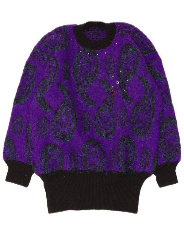 Maglione maglione girocollo da donna vintage UK 12 Paisley viola medio