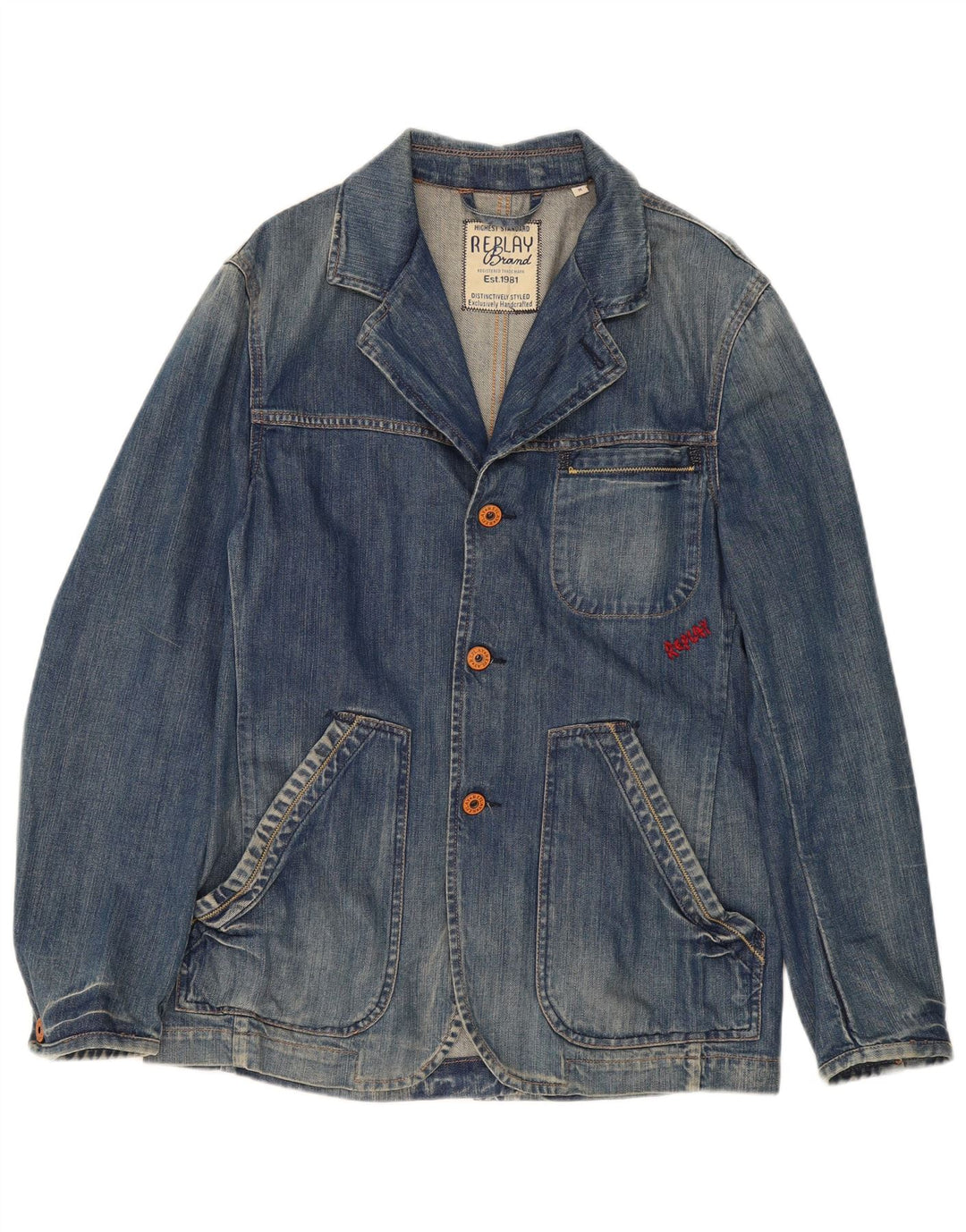 Replay Giacca blazer in denim a 3 bottoni da uomo UK 38 Cotone blu medio