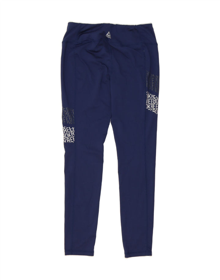 REEBOK Womens Graphic Leggings UK 14 Medium  Navy Blue Polyester Vintage Reebok and Second-Hand Reebok from Messina Hembry 