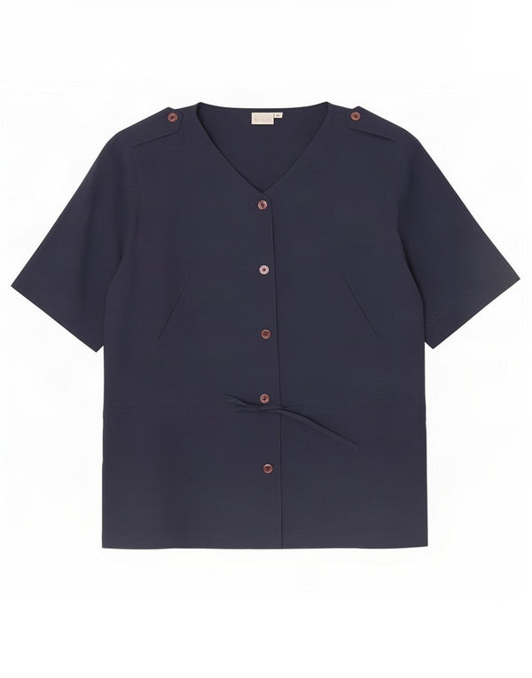 Camicetta camicia a maniche corte da donna Andrea Mare UK 14 seta blu navy media