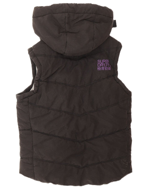 Superdry Womens Hooded Padded Gilet UK 16 Large Black Cotton Winter