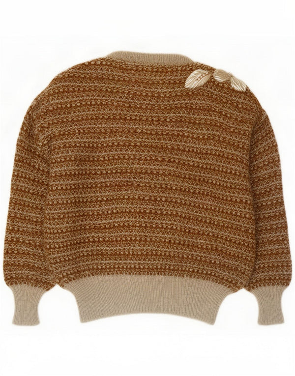 Maglione vintage da donna con scollo a barchetta UK 16 grande mohair marrone floreale