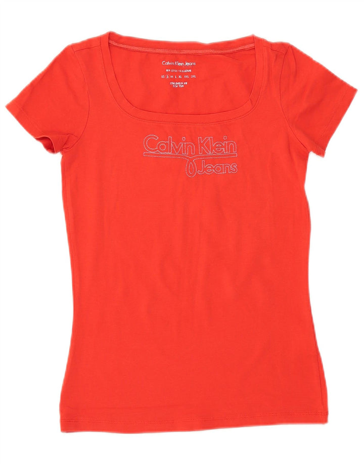 CALVIN KLEIN JEANS T-shirt grafica da donna Top UK 8 Small Rosso Cotone