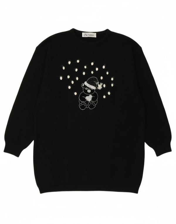 Maglione maglione girocollo con grafica vintage da donna UK 16 grande lana nera