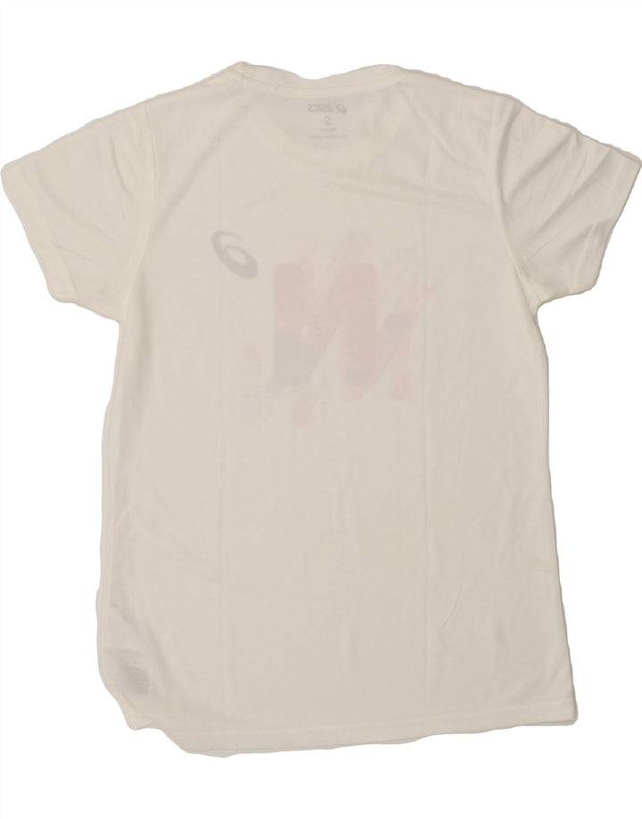 ASICS Womens Graphic T-Shirt Top UK 10 Small White Polyester Vintage Asics and Second-Hand Asics from Messina Hembry 