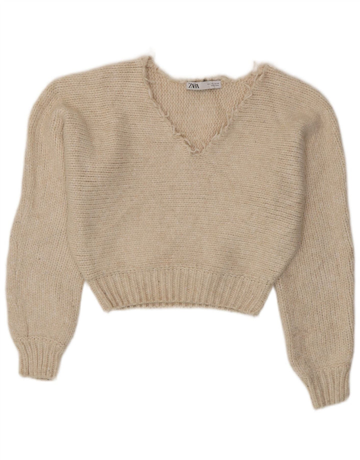 Maglione ZARA da donna oversize corto con scollo a V UK 10 piccolo bianco sporco