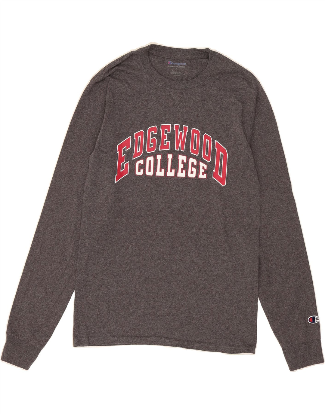 CHAMPION Mens Edgewood College Graphic Top Long Sleeve Small Grey Cotton Vintage Champion and Second-Hand Champion from Messina Hembry 