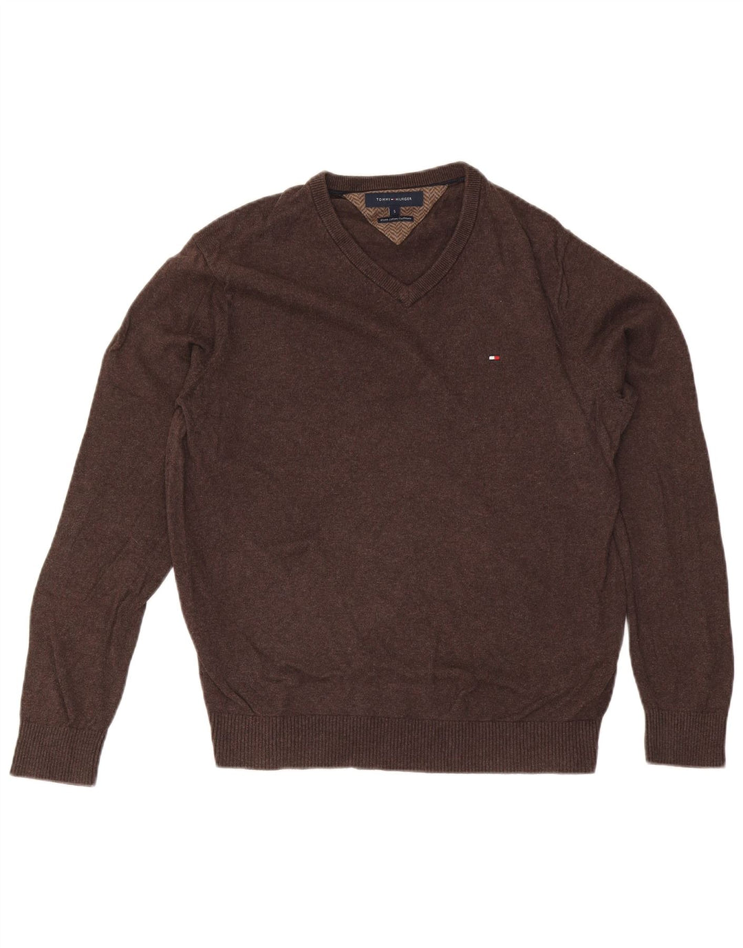 Maglione maglione con scollo a V da uomo Tommy Hilfiger piccolo in cotone marrone