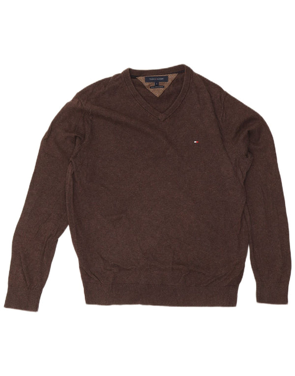 Maglione maglione con scollo a V da uomo Tommy Hilfiger piccolo in cotone marrone