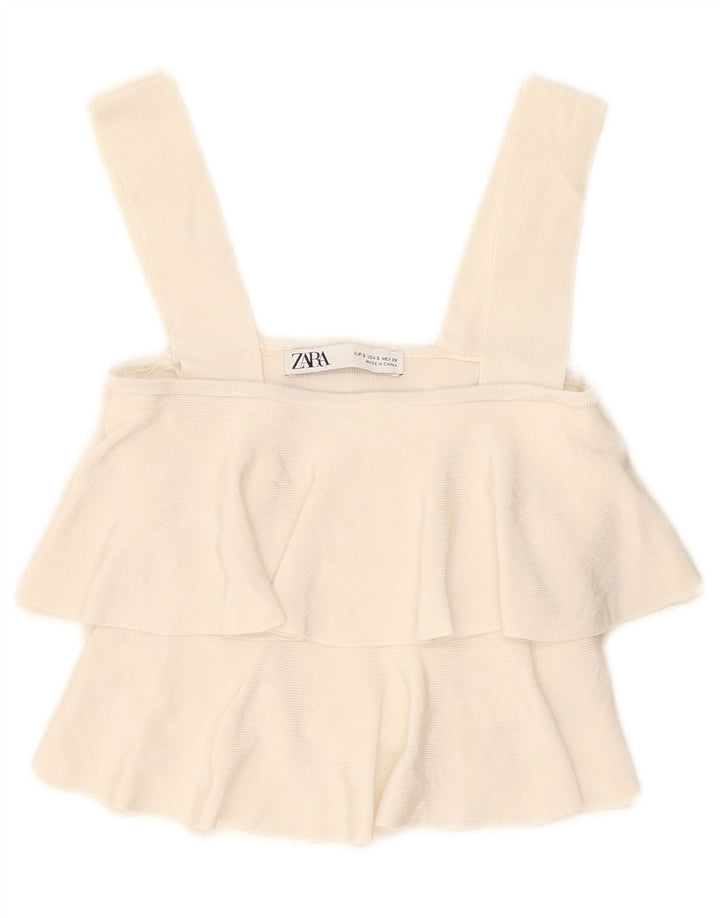 Top corto da donna Zara con volant sul davanti, taglia UK 8, piccola, in viscosa bianco sporco