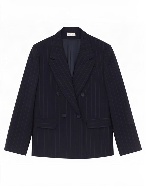Giacca blazer doppiopetto da donna Bhs UK 14 grande gessato blu navy